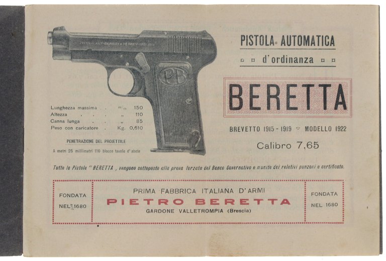 PISTOLA AUTOMATICA D'ORDINANZA BERETTA. Brevetto 1915-1919 - Modello 1922. Calibro …