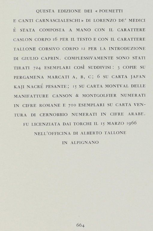 POEMETTI & CANTI CARNASCIALESCHI DEL MAGNIFICO LORENZO DE' MEDICI.