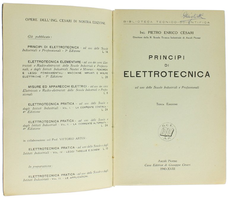 PRINCIPI DI ELETTROTECNICA. Ad uso delle Scuole Industriali e Professionali.