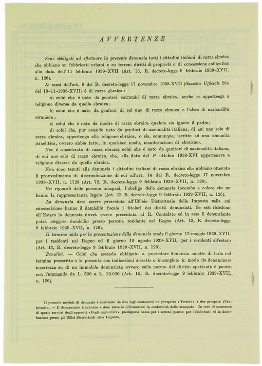 PROVVEDIMENTI PER LA DIFESA DELLA RAZZA ITALIANA. - DENUNCIA dei …