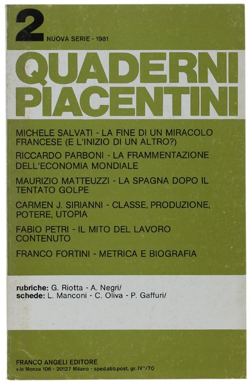 QUADERNI PIACENTINI - Nuova serie. N. 2 - 1981.
