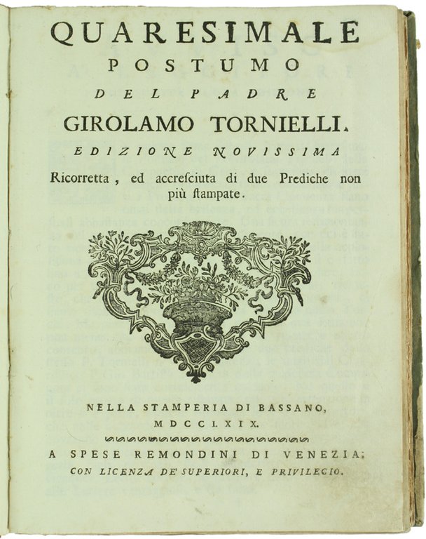 QUARESIMALE POSTUMO del Padre Girolamo Tornielli della Compagnia di Gesù. | Immagine Gallery 3