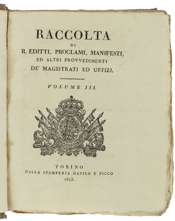 RACCOLTA DEI REGJ EDITTI, MANIFESTI, ED ALTRE PROVVIDENZE DE' MAGISTRATI …