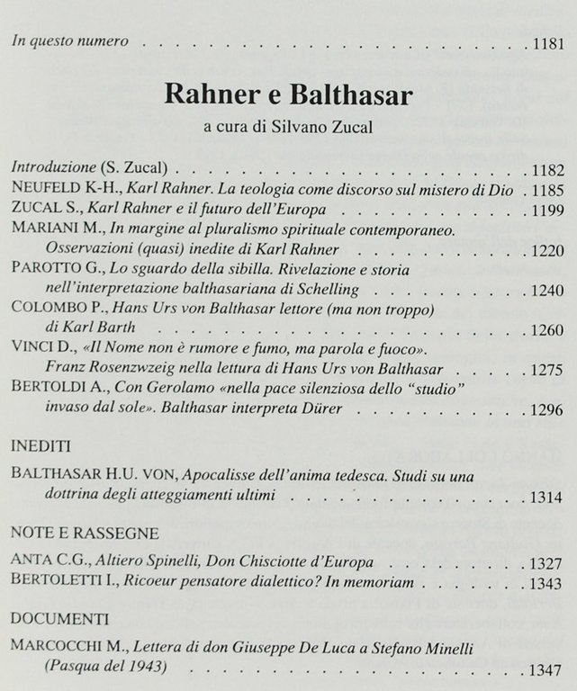 RAHNER E BALTHASAR. Humanitas n. 6/2005.