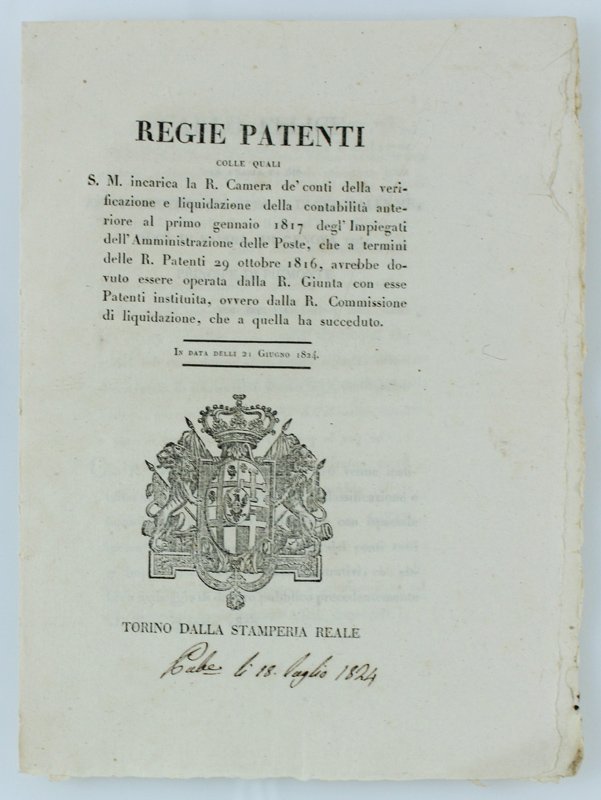 REGIE PATENTI colle quali S.M. incarica la R.Camera de' conti …