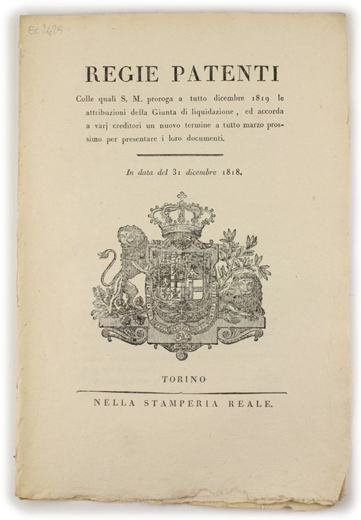 REGIE PATENTI Colle quali S.M. proroga a tutto dicembre 1819 …