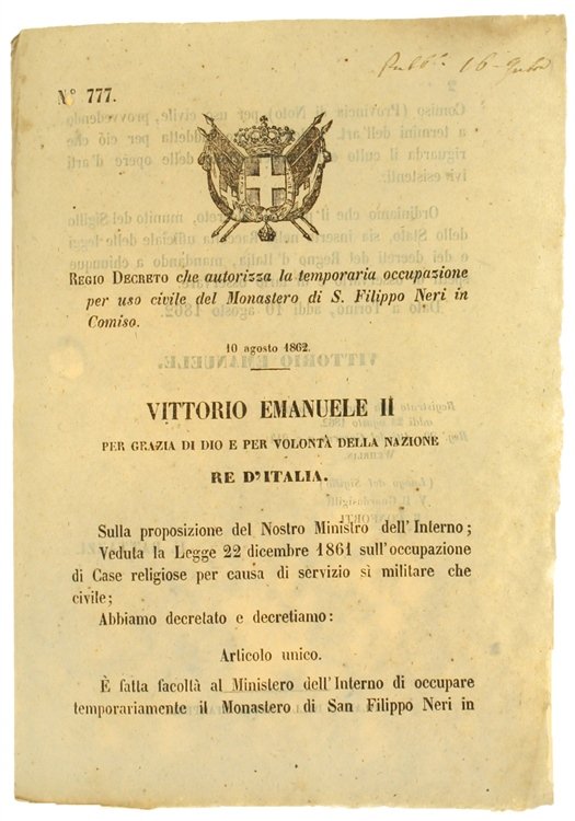 REGIO DECRETO 10 Agosto 1862: autorizza la temporaria occupazione per …