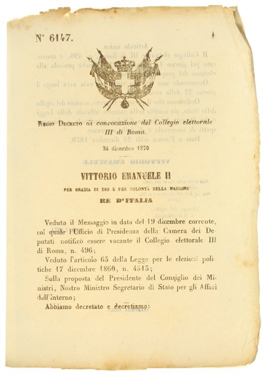 REGIO DECRETO 24 Dicembre 1870: Convocazione del Collegio Elettorale III …