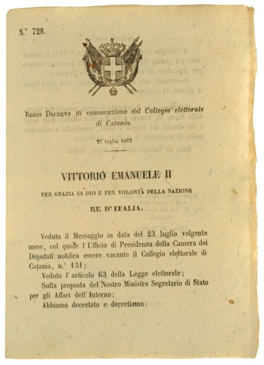 REGIO DECRETO 27 Luglio 1862: Convocazione del Collegio elettorale di …