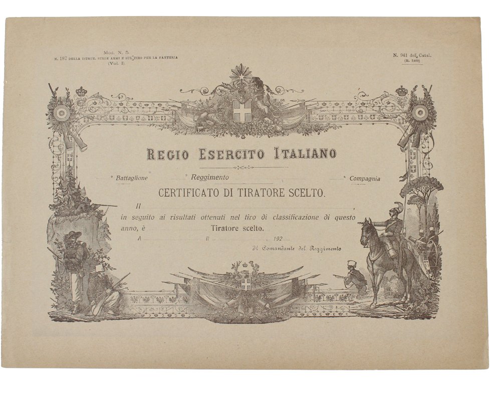 REGIO ESERCITO ITALIANO - CERTIFICATO DI TIRATORE SCELTO (1922)