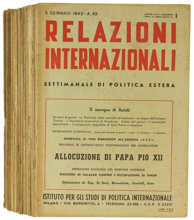 RELAZIONI INTERNAZIONALI. Settimanale di politica estera. Anno 1942.