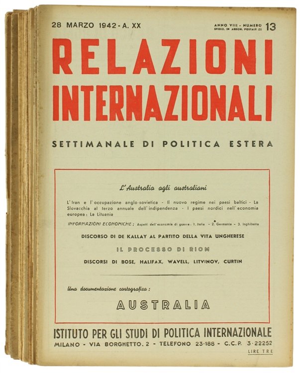RELAZIONI INTERNAZIONALI. Settimanale di politica estera. Anno 1942.
