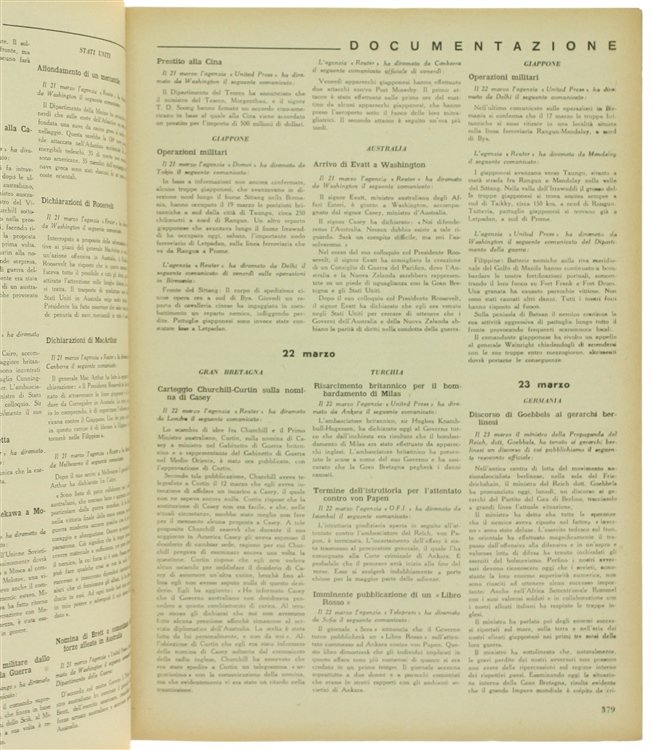 RELAZIONI INTERNAZIONALI. Settimanale di politica estera. Anno 1942.