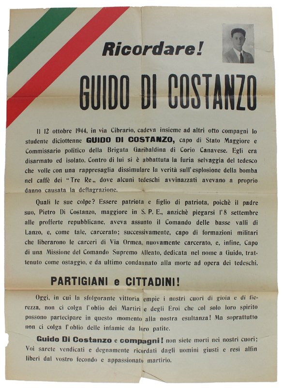 RICORDARE! GUIDO DI COSTANZO: Manifesto originale. Maggio 1945 ca.