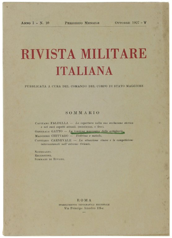 RIVISTA MILITARE ITALIANA. Anno I - N. 10 - Ottobre …