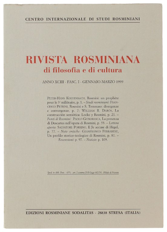 RIVISTA ROSMINIANA DI FILOSOFIA E DI CULTURA. Fasc. I/1999. | Immagine Gallery 2
