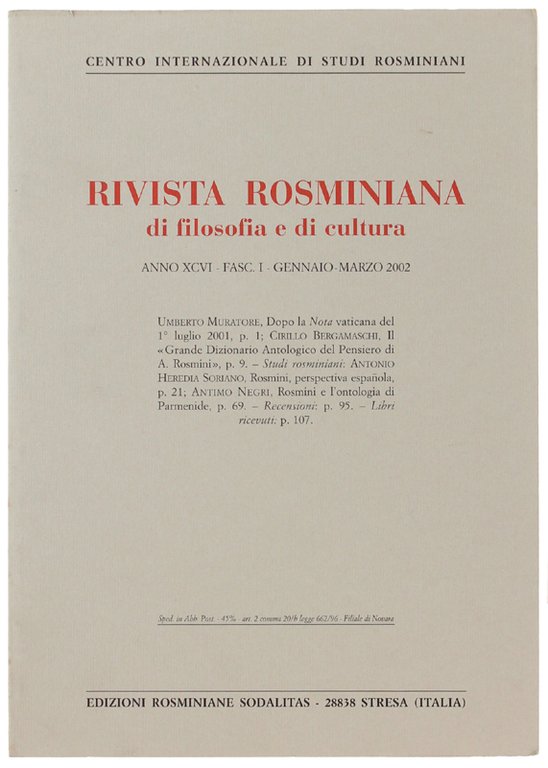 RIVISTA ROSMINIANA DI FILOSOFIA E DI CULTURA. Fasc. I/2002. | Immagine Gallery 2