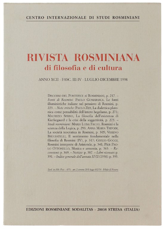RIVISTA ROSMINIANA DI FILOSOFIA E DI CULTURA. Fasc.III-IV/1998 | Immagine Gallery 2