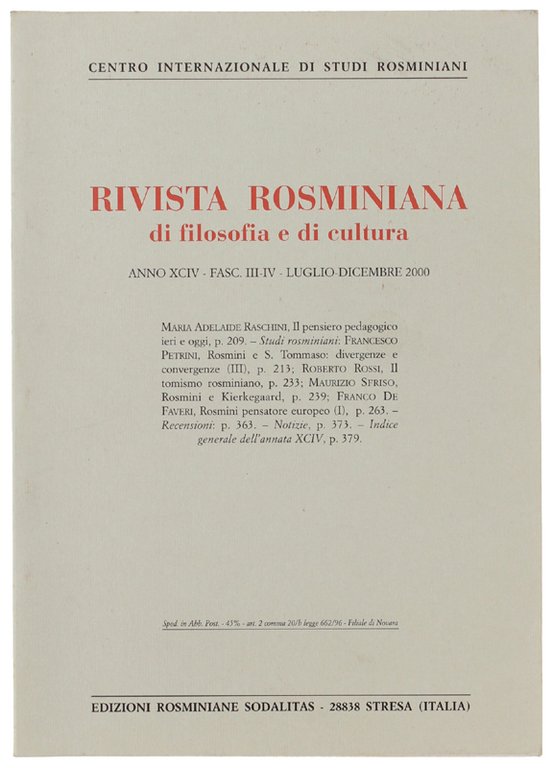 RIVISTA ROSMINIANA DI FILOSOFIA E DI CULTURA. Fasc.III-IV/2000 | Immagine Gallery 2