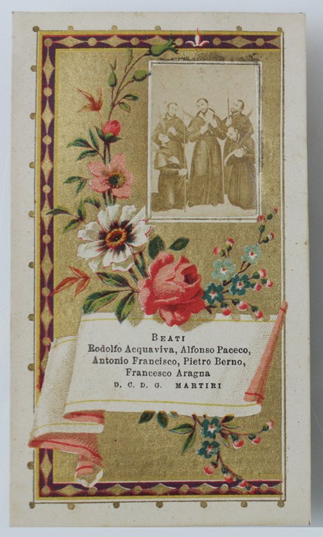 Santino "Beati Rodolfo Acquaviva, Alfonso Paceco. D.C.D.G. Martiri" (mm 118x67)