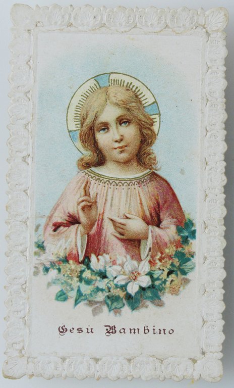 Santino "GESU' BAMBINO" Cromolito, bordi trinati, datato 1898 (mm 90x52) …