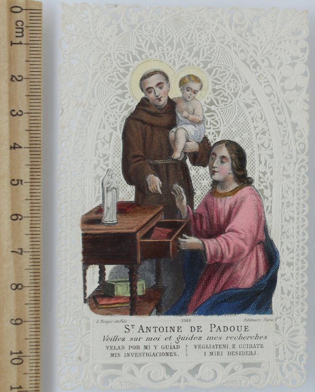 Santino: ST. ANTOINE DE PADOUE. Cromolitografia impressa a rilievo. Belllissimo