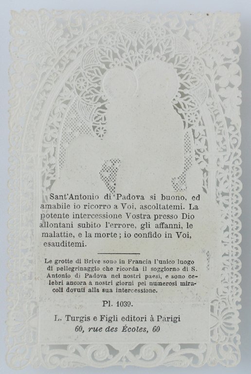 Santino: ST. ANTOINE DE PADOUE. Cromolitografia impressa a rilievo. Belllissimo