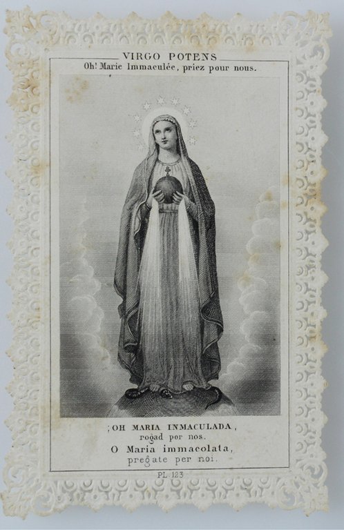 Santino: VIRGO POTENS. Litografia centrale con cornice trinata a punzone