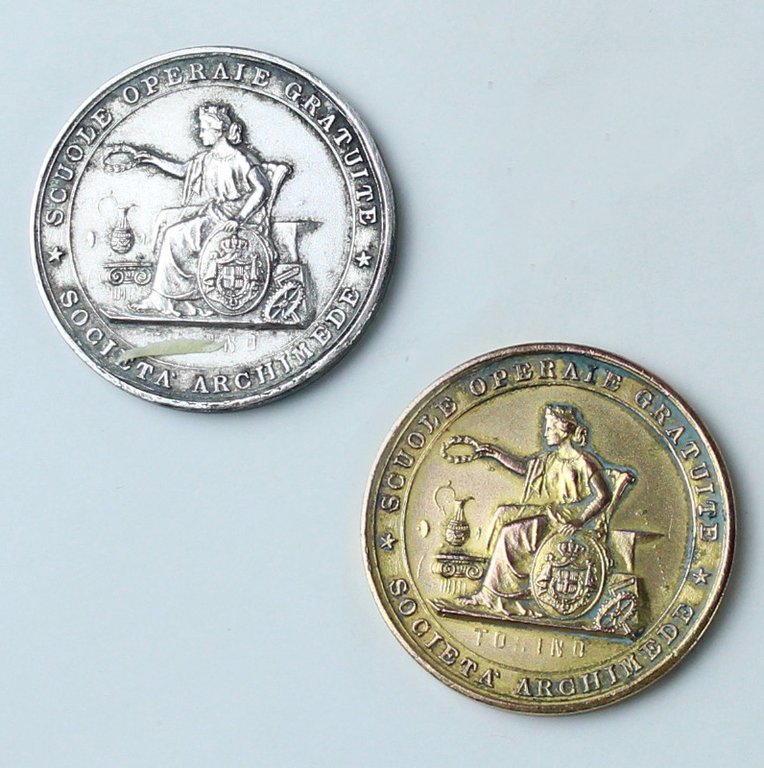 SOCIETA' ARCHIMEDE - SCUOLE OPERAIE GRATUITE TORINO; COPPIA DI MEDAGLIE … | Immagine Gallery 3