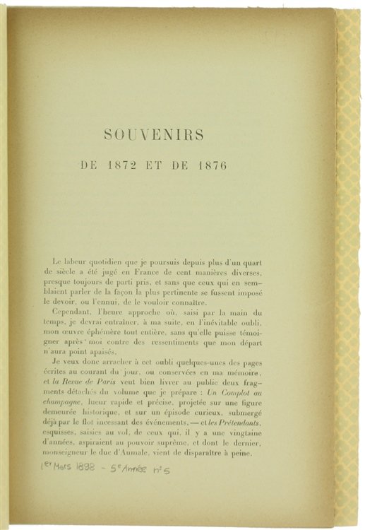 SOUVENIRS DE 1872 ET DE 1876.