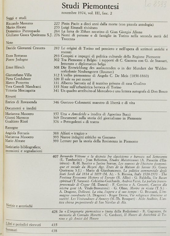 STUDI PIEMONTESI. Vol. III - 1974, fasc. 2. [Ottimo]