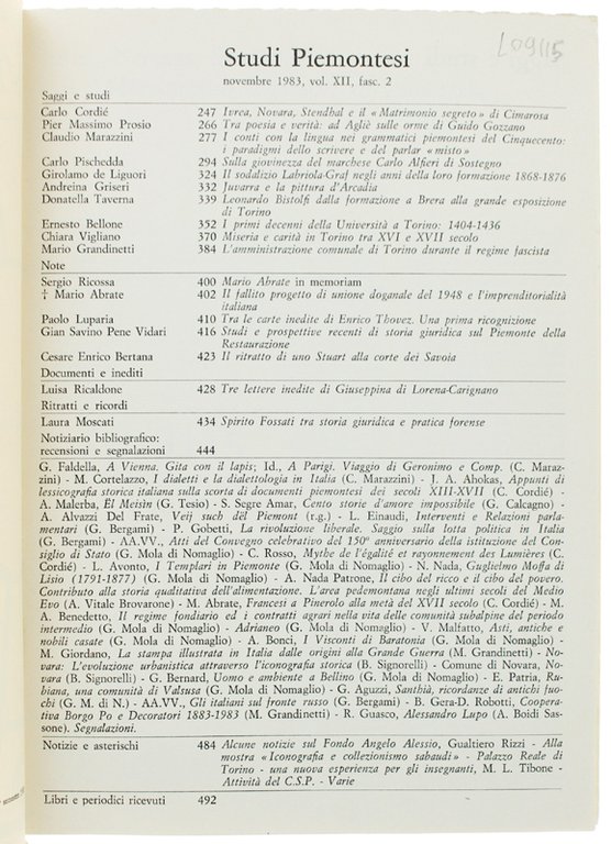 STUDI PIEMONTESI. Vol.XII - 1983, fasc. 2. [Ottimo: intonso]