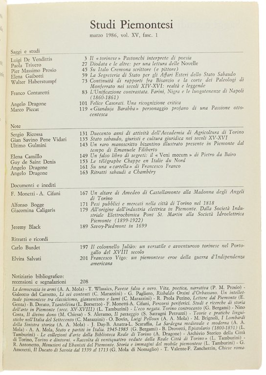 STUDI PIEMONTESI. Vol.XV - 1986, fasc. 1. [Ottimo]