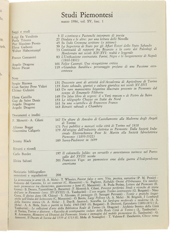 STUDI PIEMONTESI. Vol.XV - 1986, fasc. 1. [Ottimo]