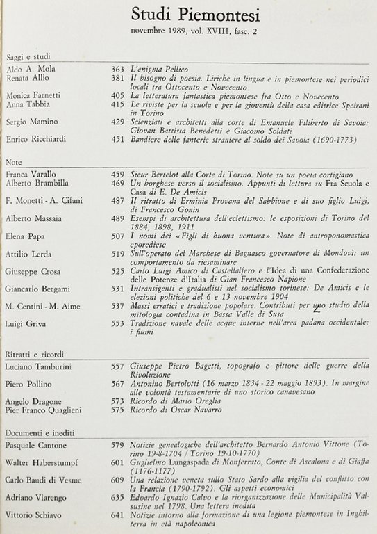 STUDI PIEMONTESI. Vol.XVIII - 1989, fasc.2. [Ottimo]