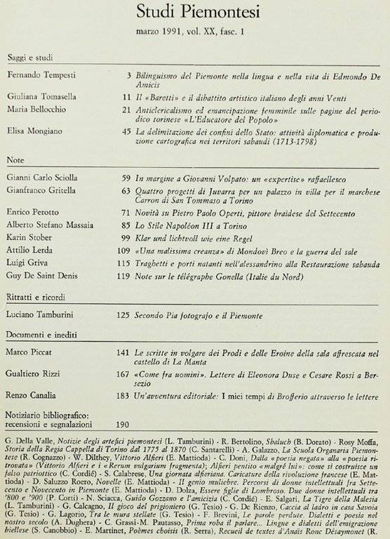 STUDI PIEMONTESI. Vol. XX - 1991, fasc.1. [Ottimo]