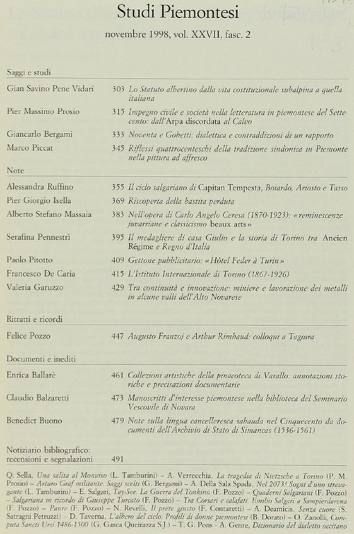 STUDI PIEMONTESI. Vol. XXVII - 1998, fasc. 2