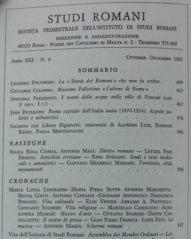STUDI ROMANI. Rivista trimestrale. Anno 1982 - N. 4.