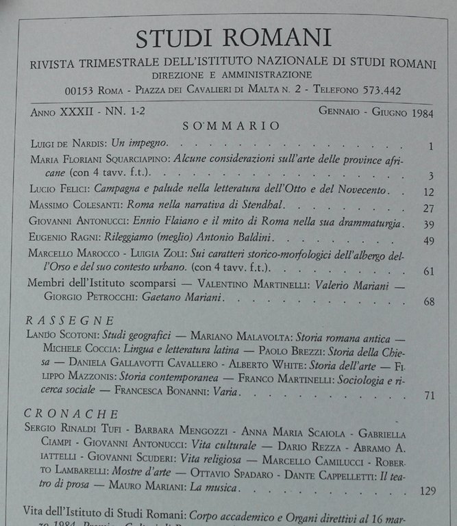 STUDI ROMANI. Rivista trimestrale. Anno 1984 - N. 1-2.