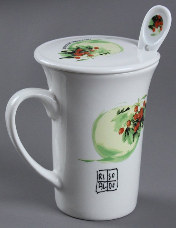 TAZZA CERAMICA "COLLEZIONE SPECCHIASOL" CON COPERCHIO E CUCCHIAIO.