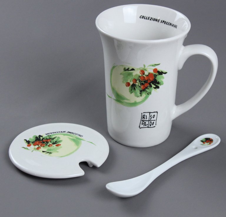 TAZZA CERAMICA "COLLEZIONE SPECCHIASOL" CON COPERCHIO E CUCCHIAIO.
