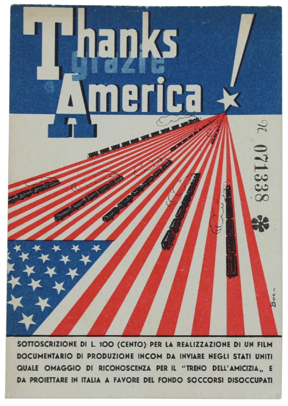 THANKS AMERICA! Cartolina pubblicitaria, sottoscrizione per il documentatio "Treno dell'Amicizia"