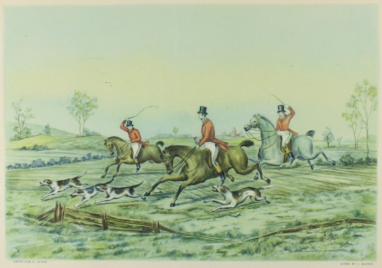 THE FOX HUNT - Litografia d'epoca con cornice dorata.