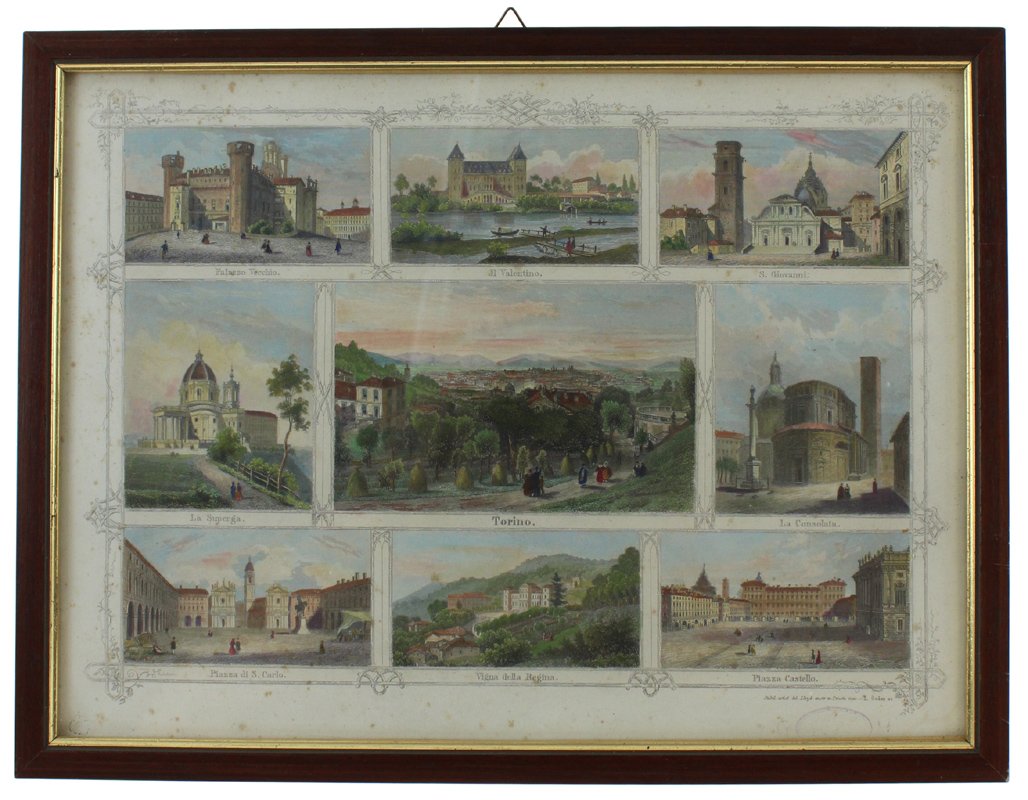 TORINO: 9 vedute a colori - Stampa antica con cornice … | Immagine principale