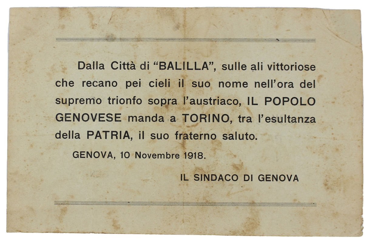 VOLANTINO "DALLA CITTA' DI BALILLA." Genova, 10 Novembre 1918