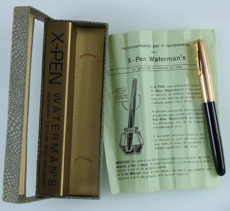 WATERMAN'S X-PEN. Stilografica, riempim. capillare, cappuccio laminato oro NUOVA