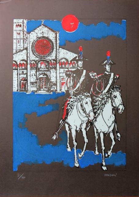 Due carabinieri a cavallo con chiesa alle spalle e su …