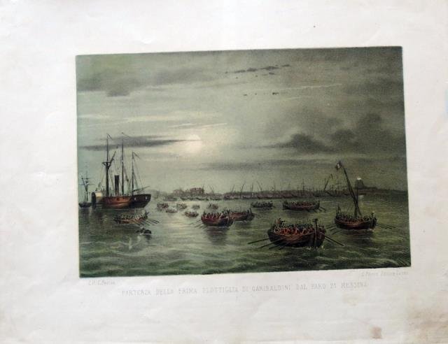 Partenza della prima flottiglia di Garibaldini dal faro di Messina.