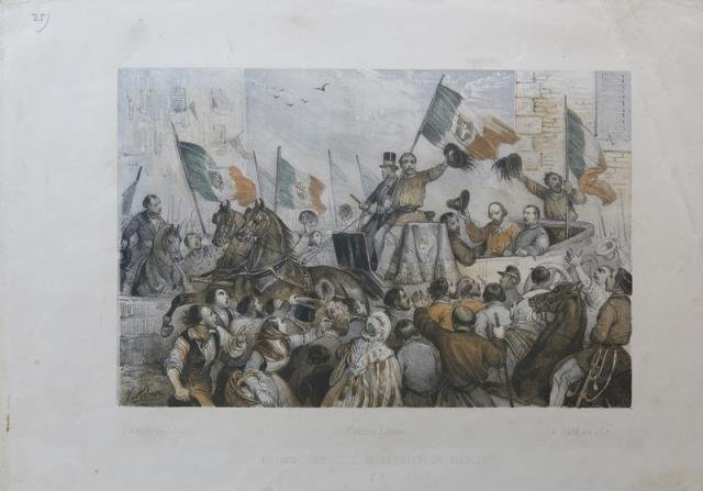 Passaggio di Garibaldi con le bandiere italiane.