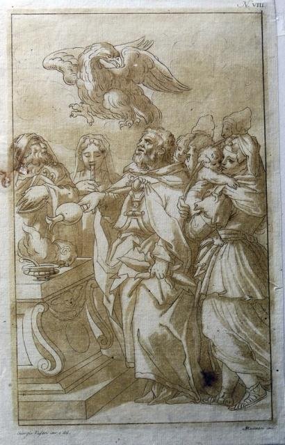 Scena di rito religioso con figure e aquila.